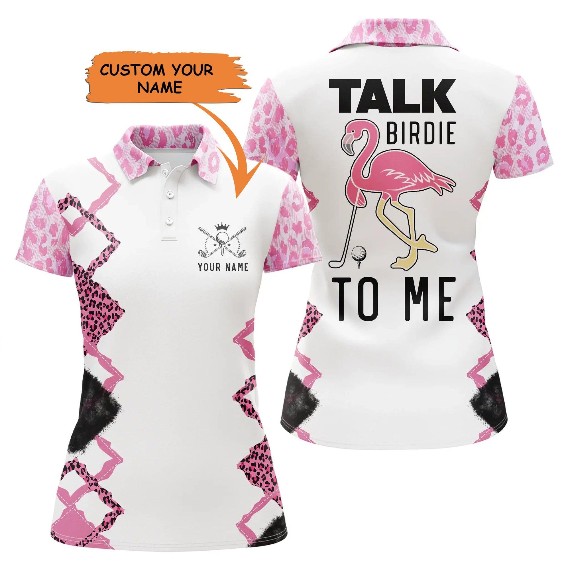 Golf Custom Name Women Polo Shirt, Funny Pink Leopard Flamingo Talk Birdie To Me Personalized Women Polo Shirt - Perfect Gift For Golf Lovers, Golfers - Amzanimalsgift