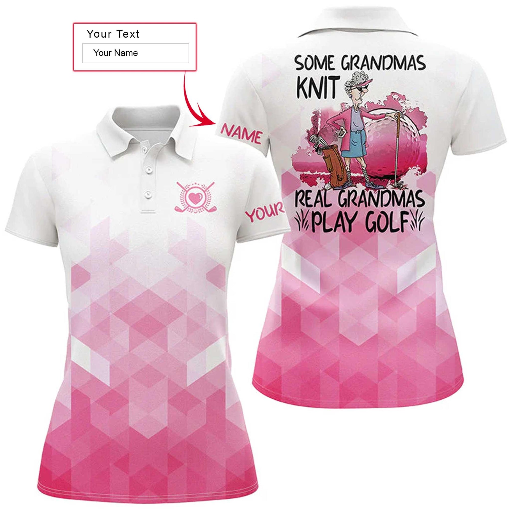 Golf Custom Name Women Polo Shirt, Funny Pink White Personalized Women Polo Shirts, Some Grandmas Knit Real Grandmas Play Golf - Amzanimalsgift