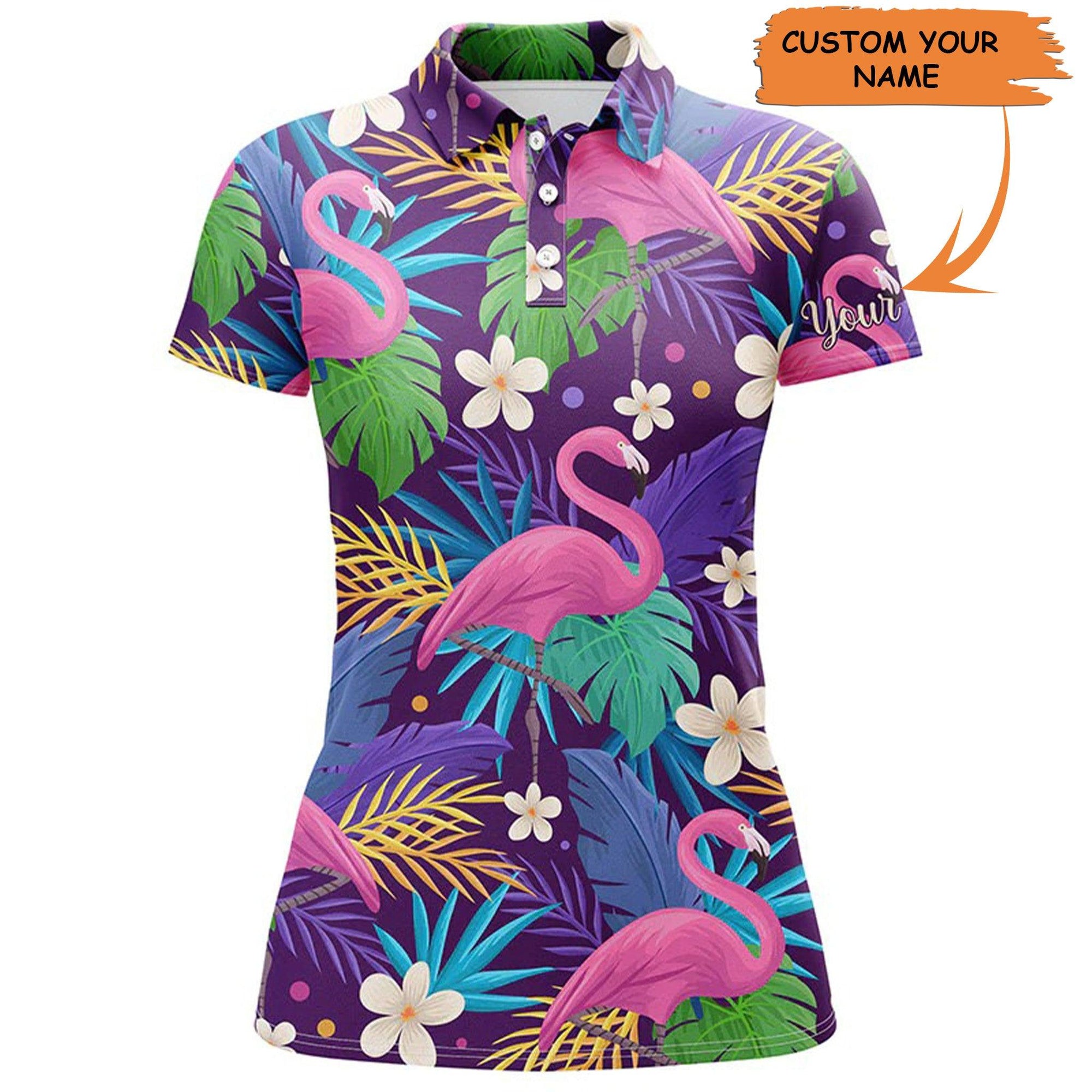 Golf Custom Name Women Polo Shirt, Golf Flamingo Tropical Leaves Pattern Personalized Women Polo Shirt - Perfect Gift For Ladies, Golf Lovers, Golfers - Amzanimalsgift