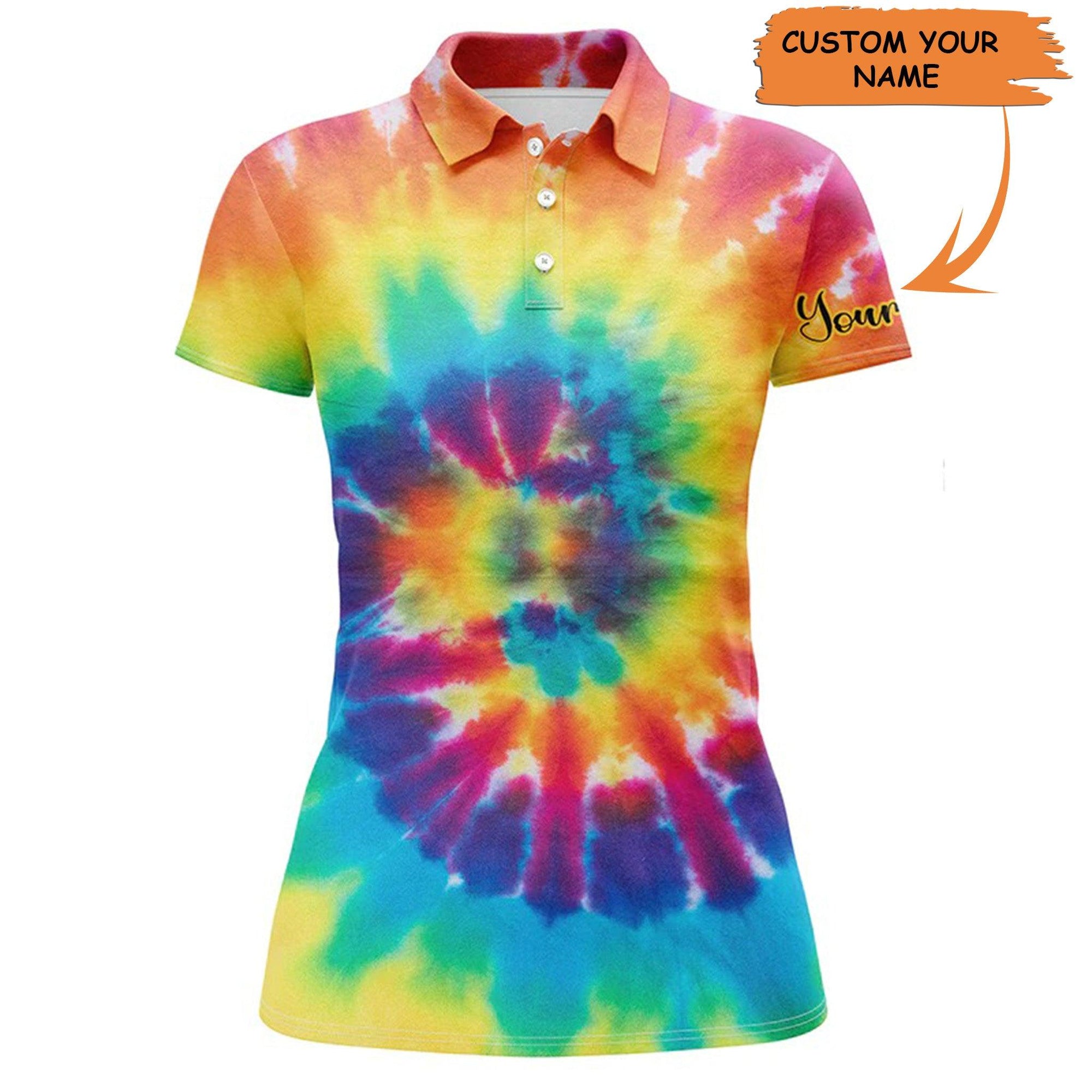 Golf Custom Name Women Polo Shirt, Golf Shirt With Colorful Tie Dye Background Personalized Women Polo Shirt - Gift For Ladies, Golf Lovers, Golfers - Amzanimalsgift