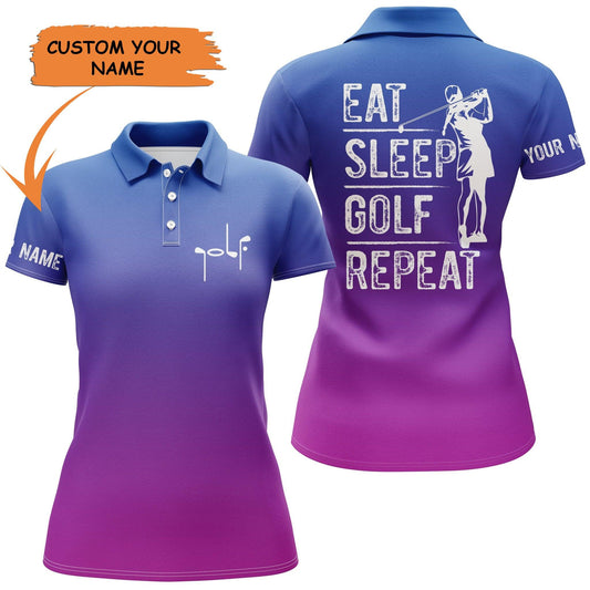 Golf Custom Name Women Polo Shirt, Gradient Color Eat Sleep Golf Repeat Personalized Women Polo Shirt - Perfect Gift For Ladies, Golf Lovers, Golfers - Amzanimalsgift