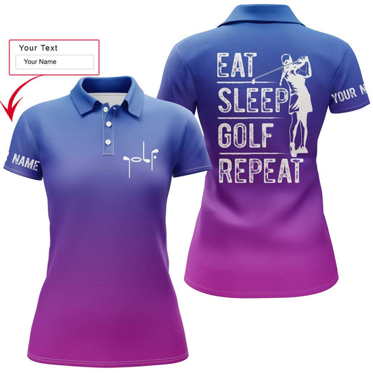 Golf Custom Name Women Polo Shirt, Gradient Color Eat Sleep Golf Repeat Personalized Women Polo Shirts, Golfing Gift For Ladies, Golfers, Golf Lovers - Amzanimalsgift