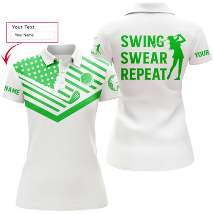 Golf Custom Name Women Polo Shirt, Green American Flag Swear Repeat White Personalized Women Polo Shirts, Golfers Gift For Ladies, Golf Lovers - Amzanimalsgift