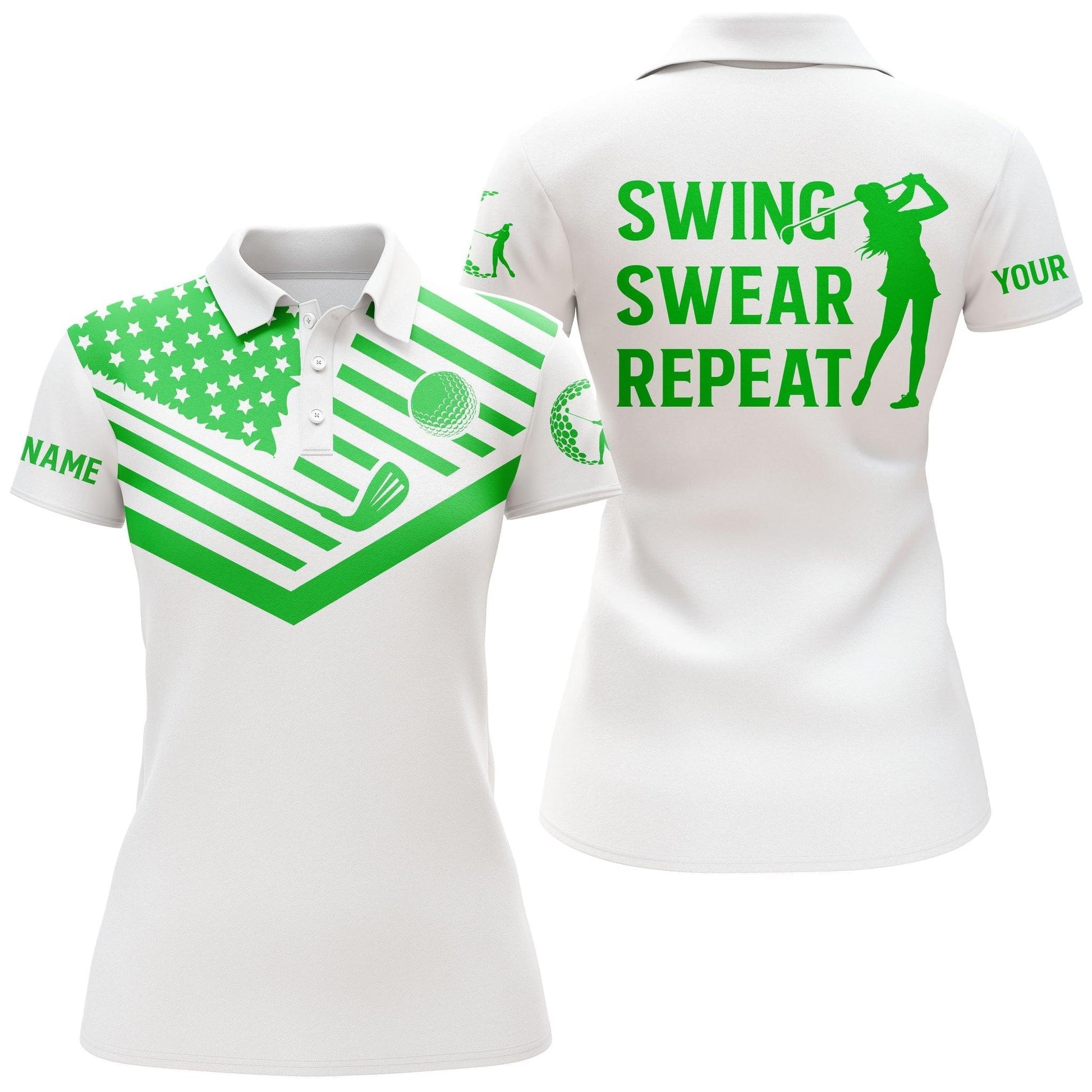 Golf Custom Name Women Polo Shirt, Green American Flag Swear Repeat White Personalized Women Polo Shirts, Golfers Gift For Ladies, Golf Lovers - Amzanimalsgift