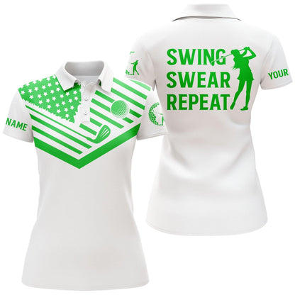 Golf Custom Name Women Polo Shirt, Green American Flag Swear Repeat White Personalized Women Polo Shirts, Golfers Gift For Ladies, Golf Lovers - Amzanimalsgift