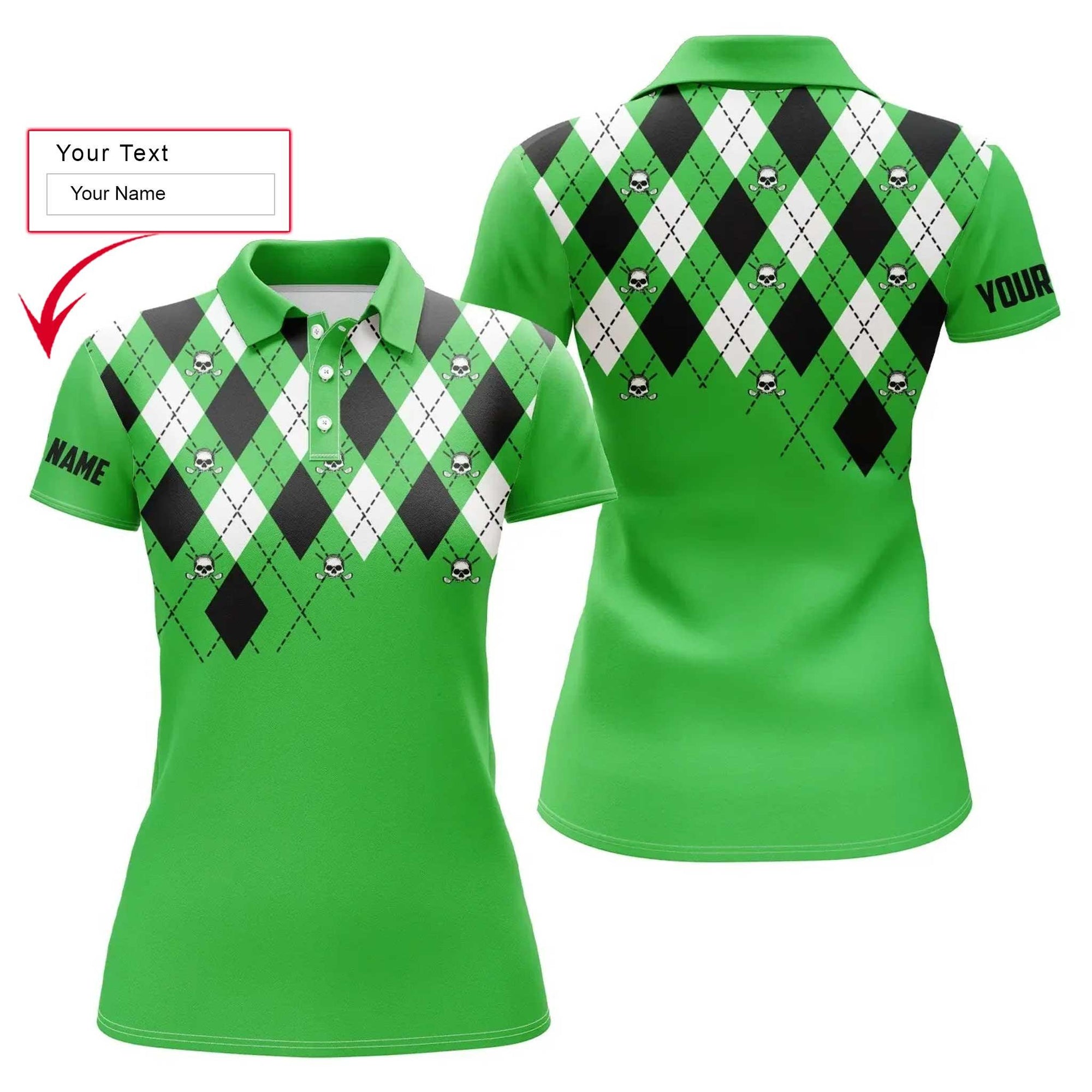 Golf Custom Name Women Polo Shirt, Green Argyle Plaid Golf Skull Pattern Personalized Women Polo Shirts, Gift For Ladies, Golfers, Golf Lovers - Amzanimalsgift