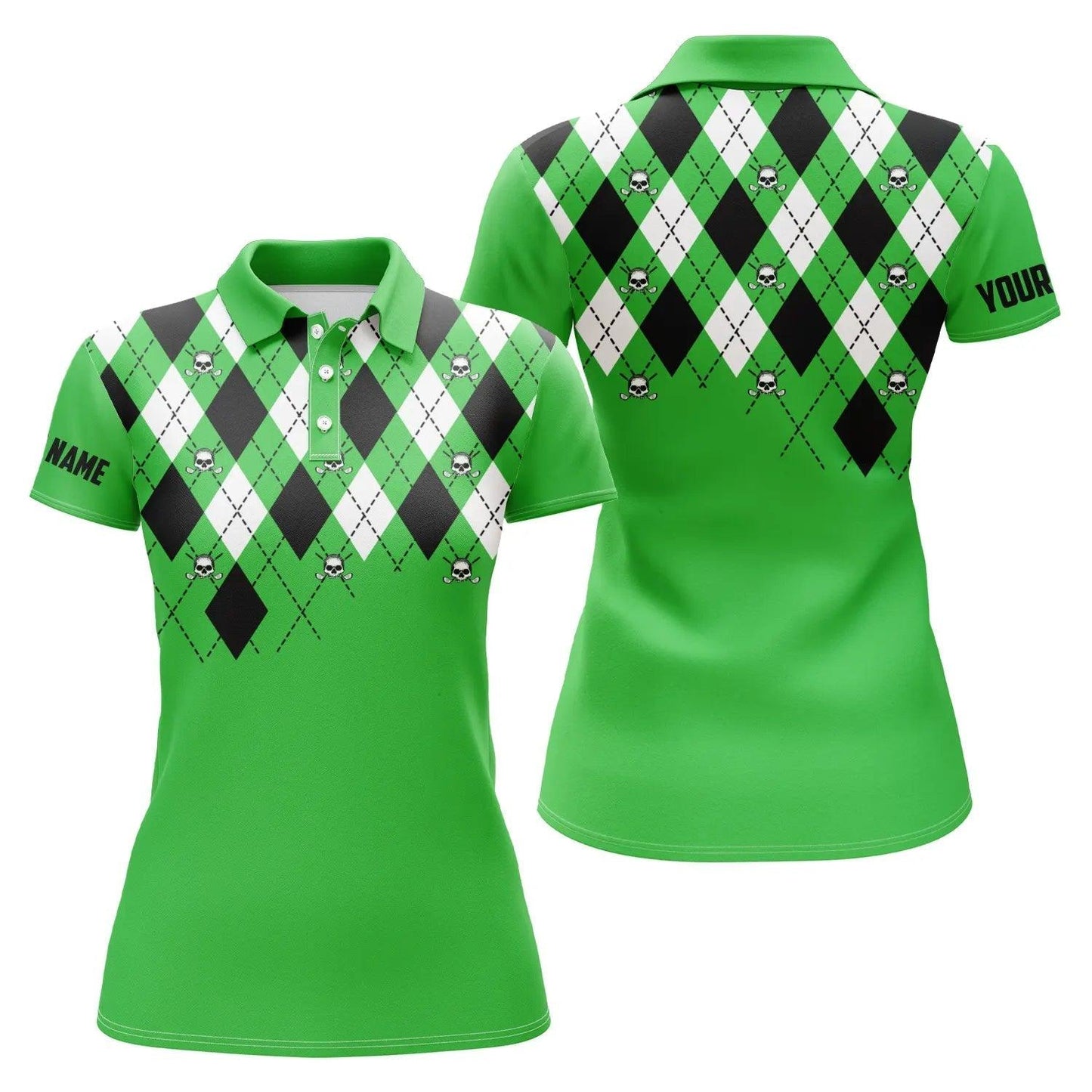 Golf Custom Name Women Polo Shirt, Green Argyle Plaid Golf Skull Pattern Personalized Women Polo Shirts, Gift For Ladies, Golfers, Golf Lovers - Amzanimalsgift