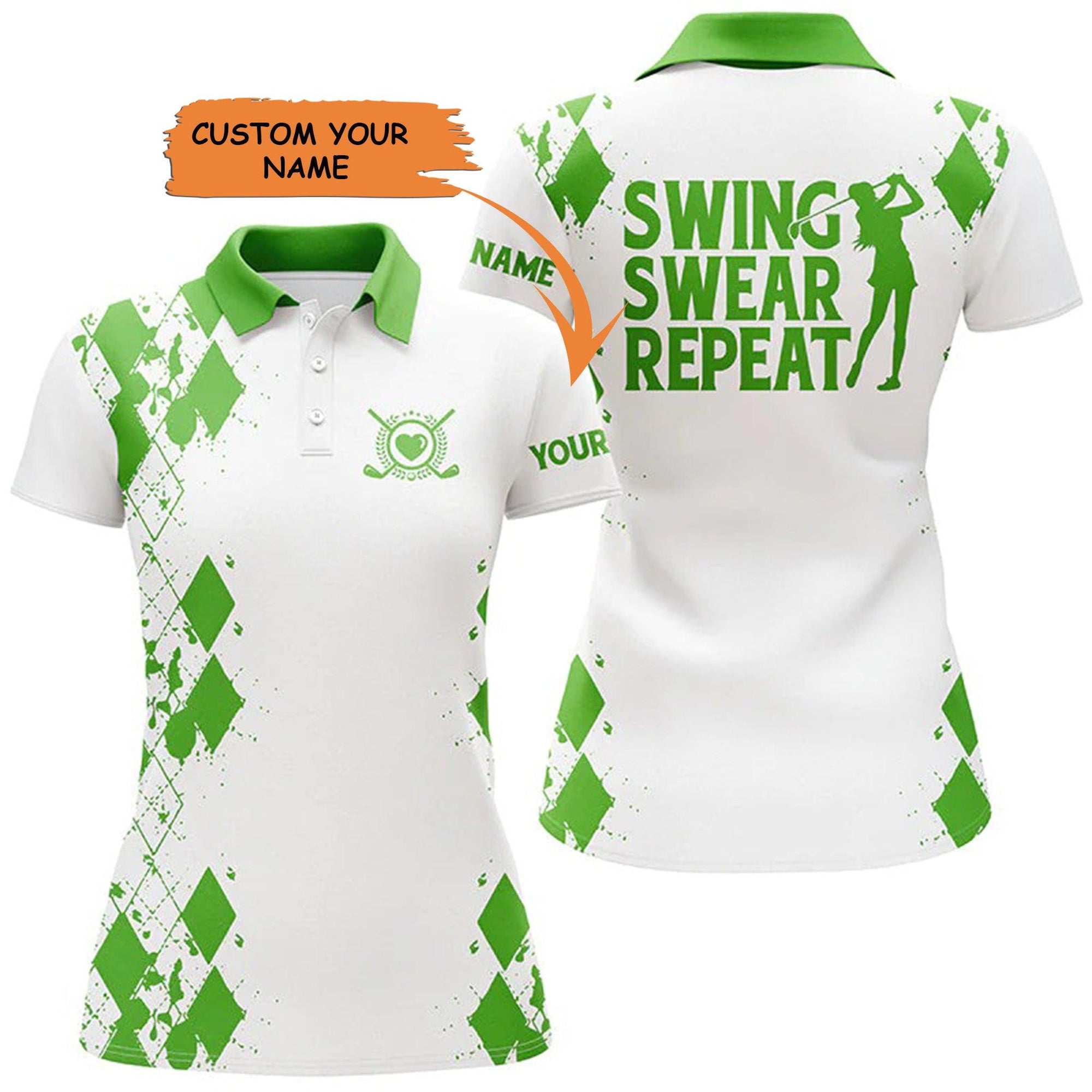 Golf Custom Name Women Polo Shirt, Green Swing Swear Repeat Personalized Women Polo Shirt - Perfect Gift For Ladies, Golf Lovers, Golfers - Amzanimalsgift