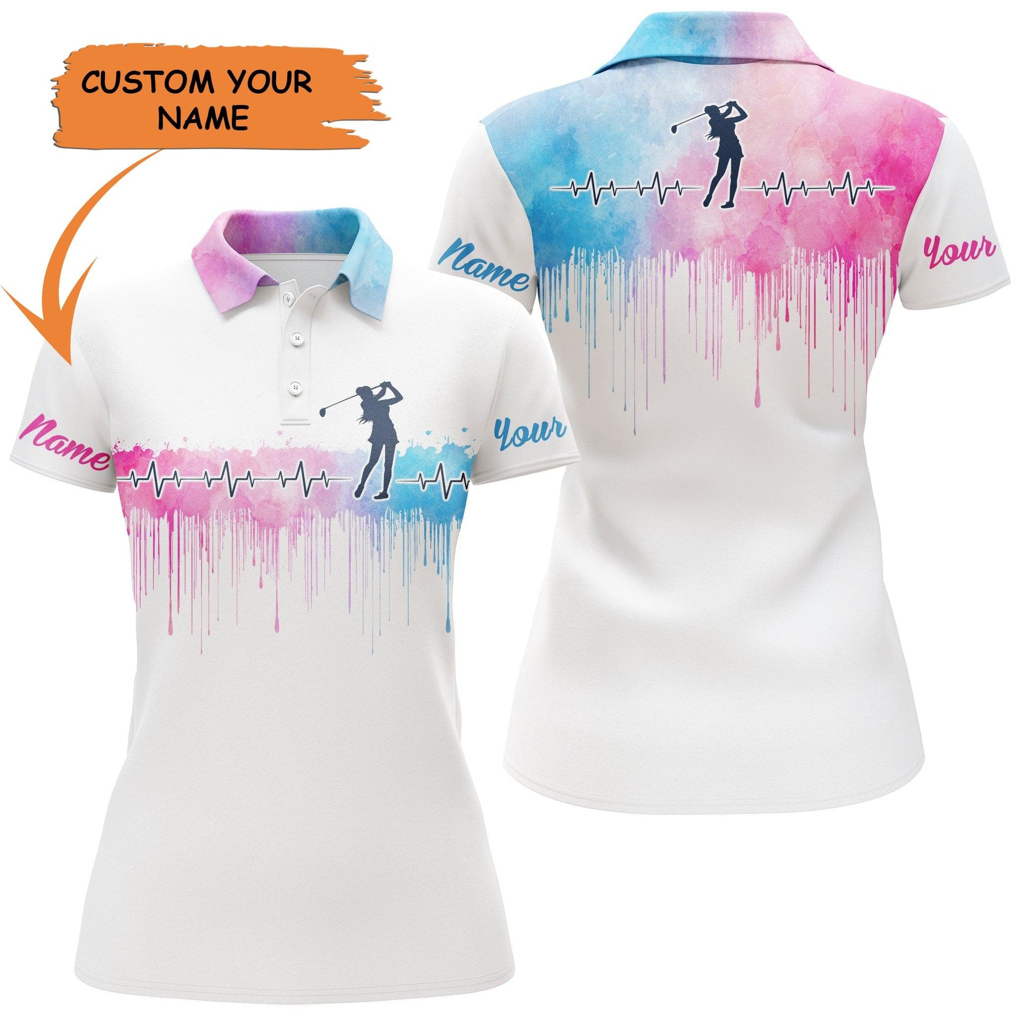 Golf Custom Name Women Polo Shirt, Heartbeat Golfer Pink Blue Watercolor Personalized Women Polo Shirt - Perfect Gift For Ladies, Golf Lovers, Golfers - Amzanimalsgift