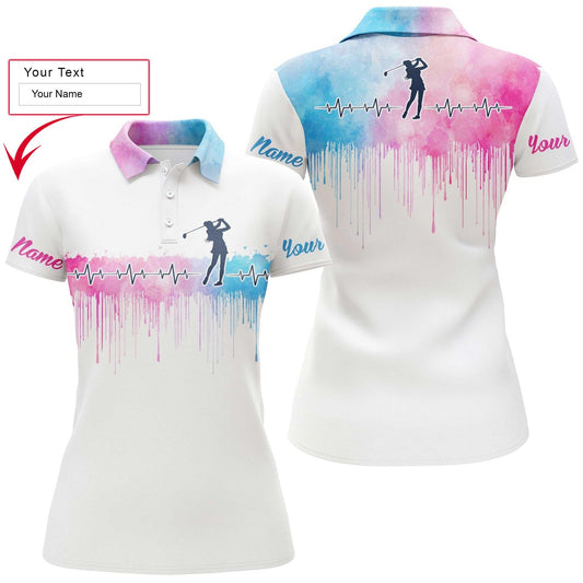 Golf Custom Name Women Polo Shirt, Heartbeat Golfer Pink Blue Watercolor Personalized Women Polo Shirts, Golfing Gift For Ladies, Golfers, Golf Lovers - Amzanimalsgift