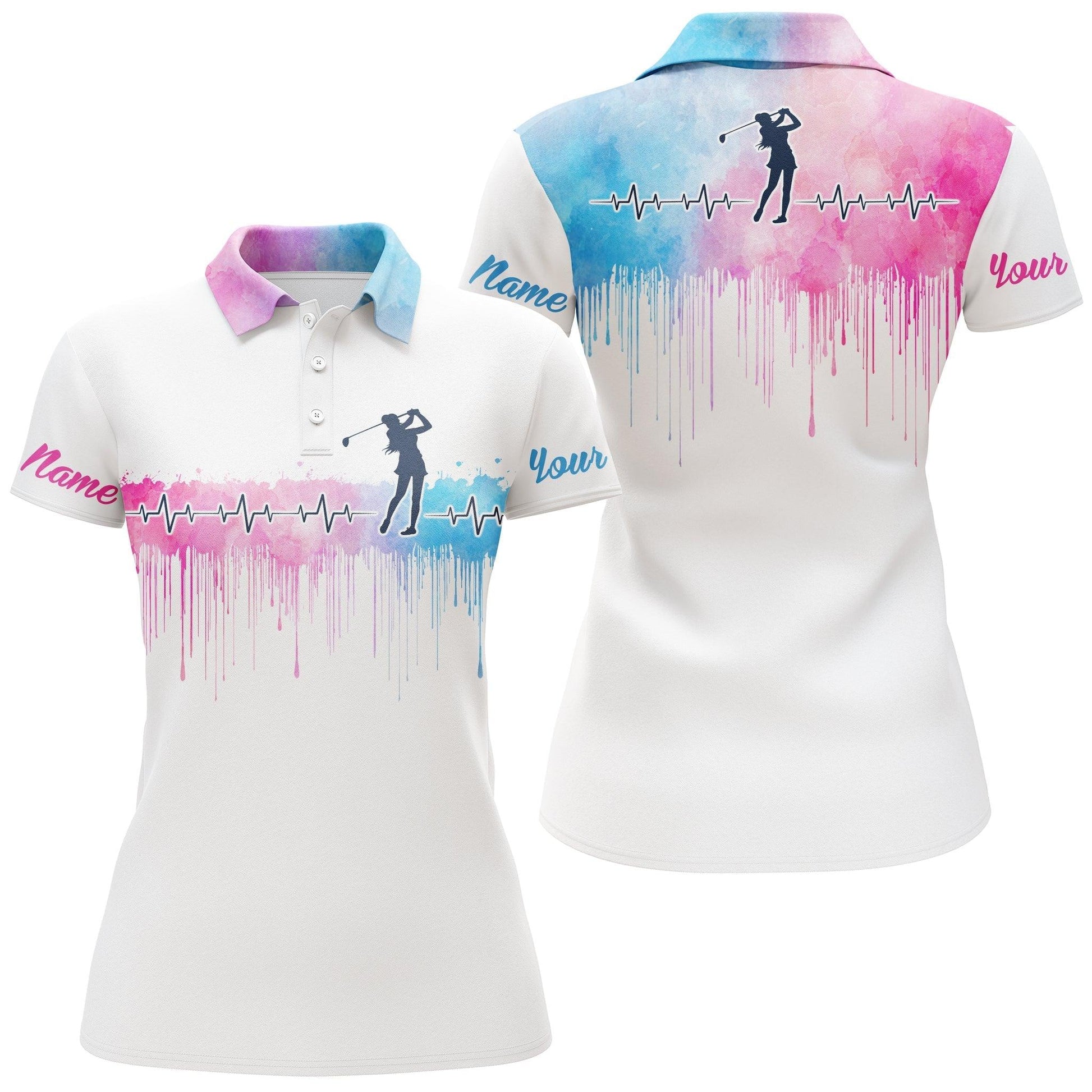 Golf Custom Name Women Polo Shirt, Heartbeat Golfer Pink Blue Watercolor Personalized Women Polo Shirts, Golfing Gift For Ladies, Golfers, Golf Lovers - Amzanimalsgift