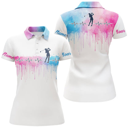 Golf Custom Name Women Polo Shirt, Heartbeat Golfer Pink Blue Watercolor Personalized Women Polo Shirts, Golfing Gift For Ladies, Golfers, Golf Lovers - Amzanimalsgift