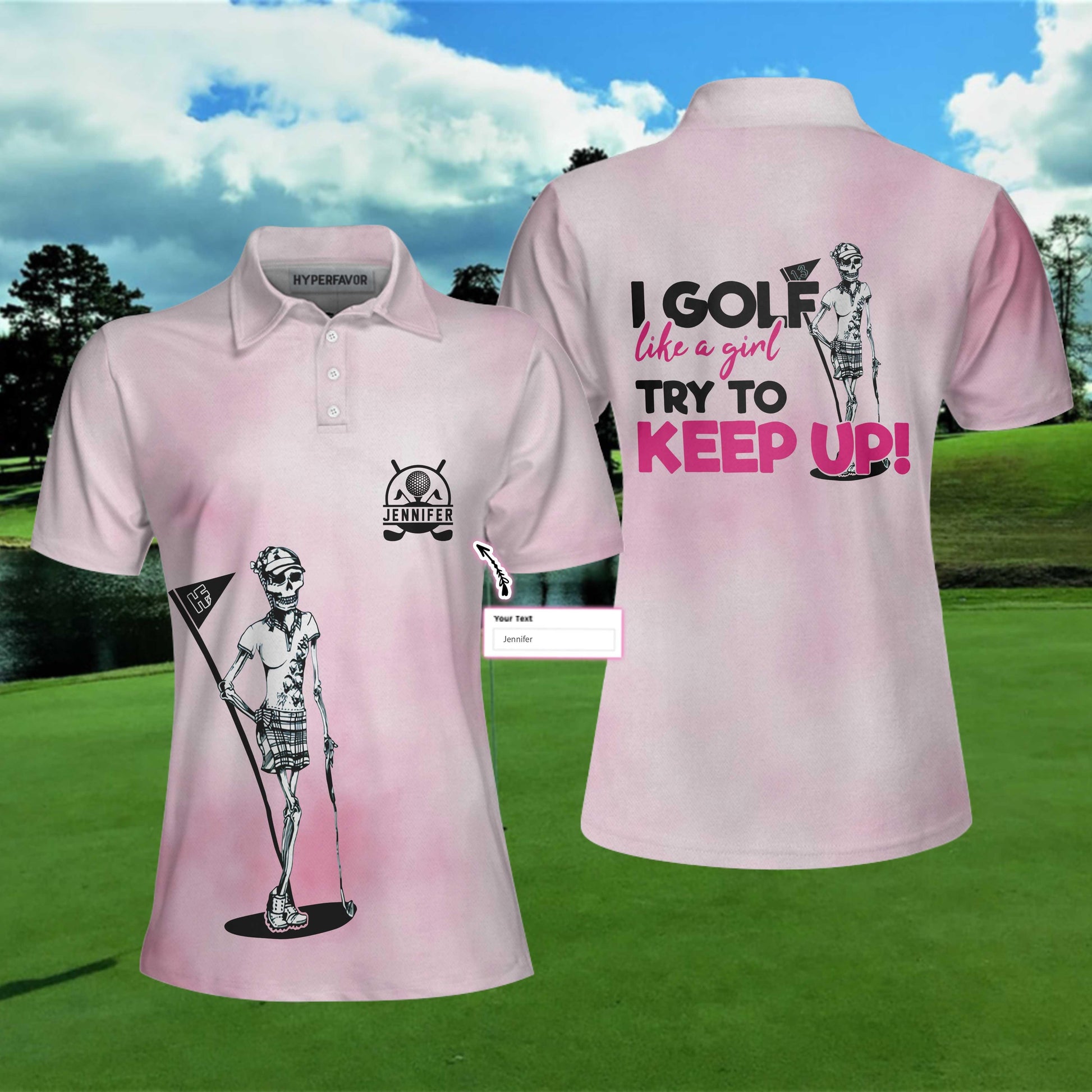 Golf Custom Name Women Polo Shirt, I Golf Like A Girl Try To Keep Up, Tie Dye Pink Skull Personalized Women Polo Shirts, Gift For Ladies, Golfers - Amzanimalsgift