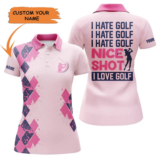 Golf Custom Name Women Polo Shirt, I Love Golf Pink Argyle Pattern Personalized Women Polo Shirt, Perfect Gift For Ladies, Girls, Golf Lovers, Golfers - Amzanimalsgift