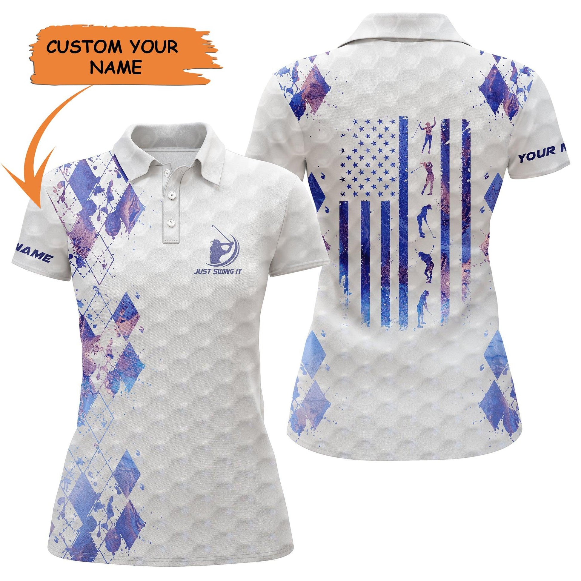Golf Custom Name Women Polo Shirt, Just Swing It American Flag Galaxy Personalized Women Polo Shirt - Perfect Gift For Ladies, Golf Lovers, Golfers - Amzanimalsgift