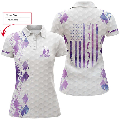 Golf Custom Name Women Polo Shirt, Just Swing It American Flag Patriotic Purple Galaxy Personalized Women Polo Shirts, Gift For Ladies, Golfers - Amzanimalsgift