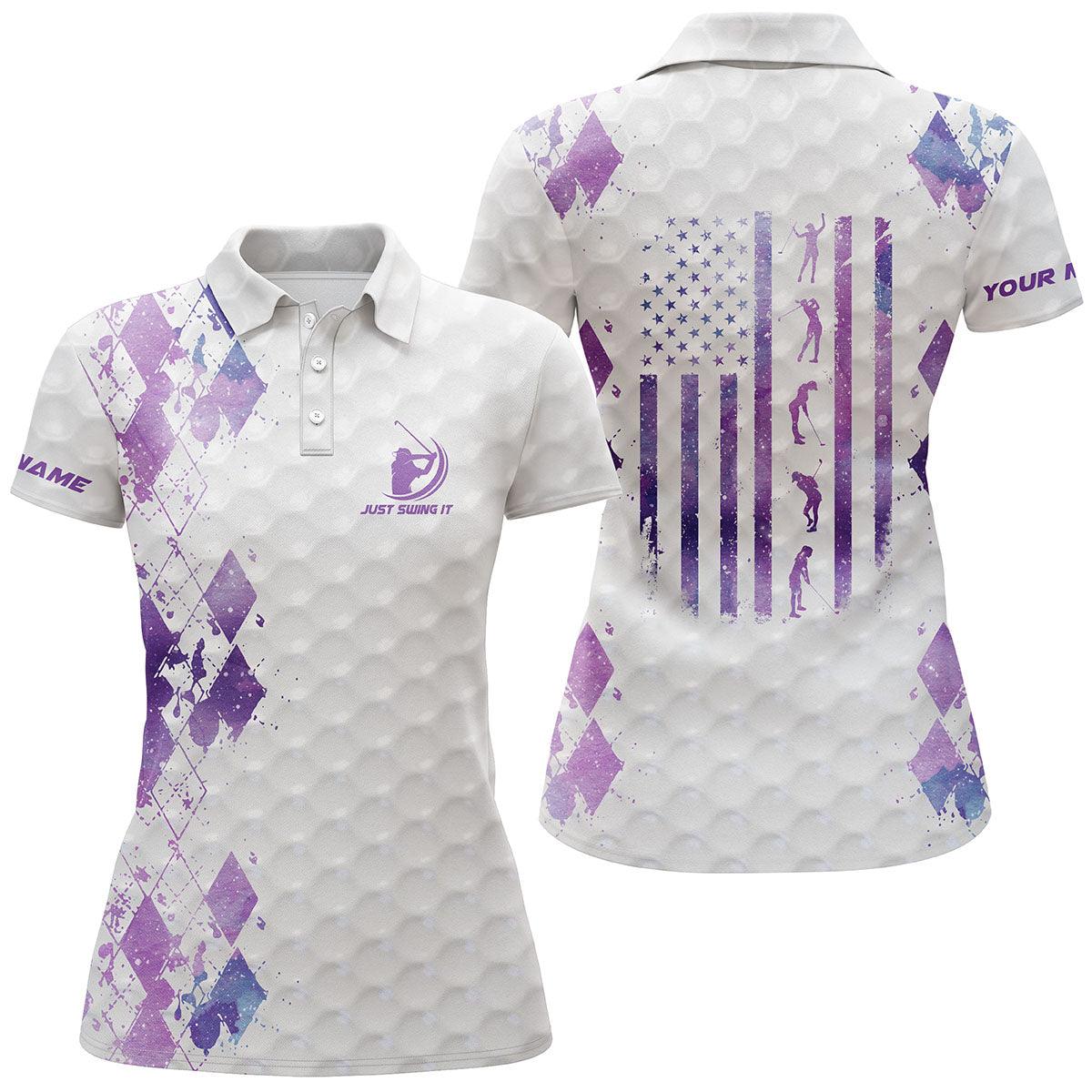 Golf Custom Name Women Polo Shirt, Just Swing It American Flag Patriotic Purple Galaxy Personalized Women Polo Shirts, Gift For Ladies, Golfers - Amzanimalsgift