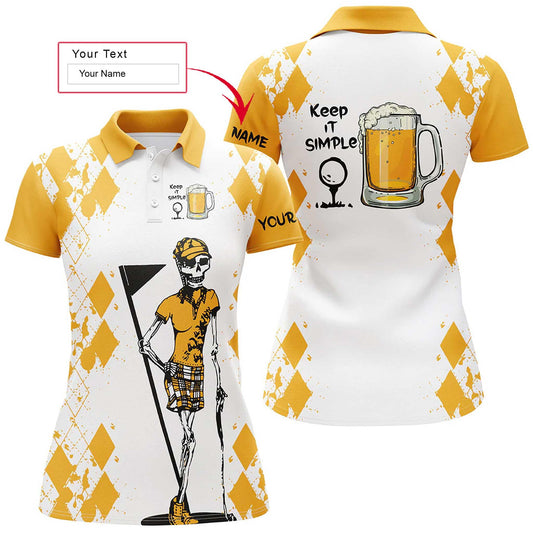 Golf Custom Name Women Polo Shirt, Keep It Simple, Golf & Beer Skull White Yellow Personalized Women Polo Shirts, Golf Gift For Beer, Ladies, Golfers - Amzanimalsgift