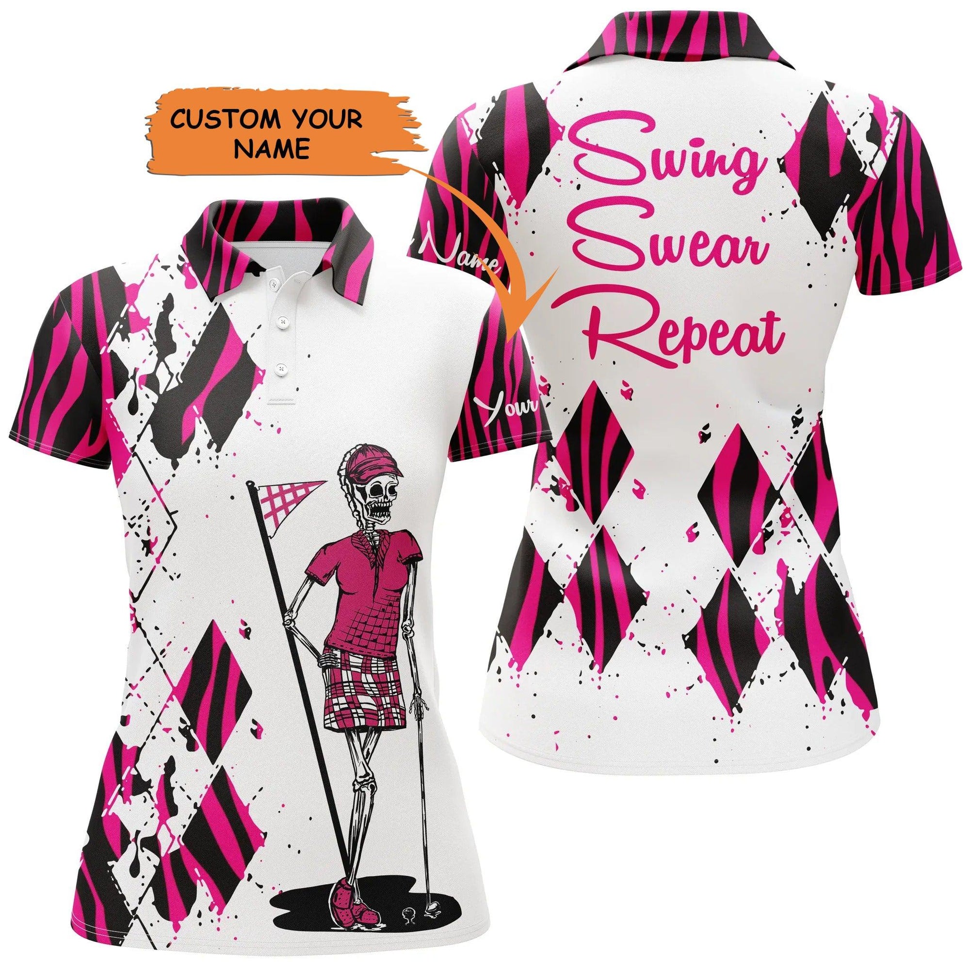 Golf Custom Name Women Polo Shirt, Ladies Golf Skull Pink Zebra Pattern Personalized Women Polo Shirt - Perfect Gift For Ladies, Golf Lovers, Golfers - Amzanimalsgift