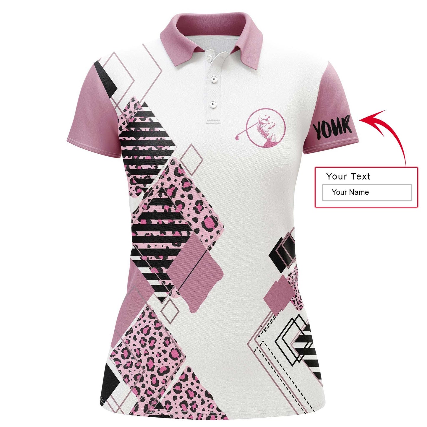 Golf Custom Name Women Polo Shirt, Leopard Pattern Personalized Pink White Women Polo Shirts, Gift For Golfers, Ladies, Golf Sport Lovers - Amzanimalsgift