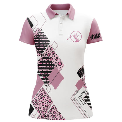 Golf Custom Name Women Polo Shirt, Leopard Pattern Personalized Pink White Women Polo Shirts, Gift For Golfers, Ladies, Golf Sport Lovers - Amzanimalsgift