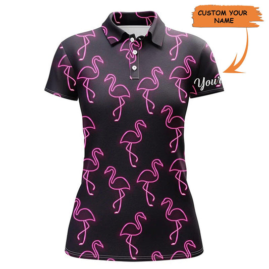 Golf Custom Name Women Polo Shirt, Neon Pink Flamingos Pattern Personalized Women Polo Shirt - Perfect Gift For Ladies, Girls, Golf Lovers, Golfers - Amzanimalsgift