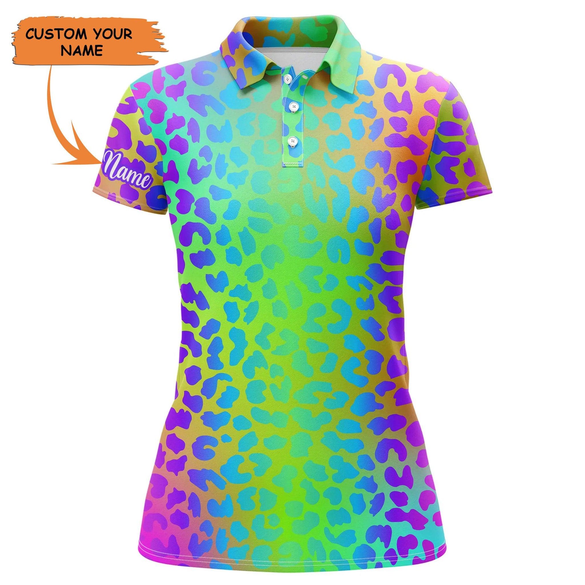 Golf Custom Name Women Polo Shirt, Neon Rainbow Leopard Pattern Personalized Women Polo Shirt - Perfect Gift For Ladies, Golf Lovers, Golfers - Amzanimalsgift