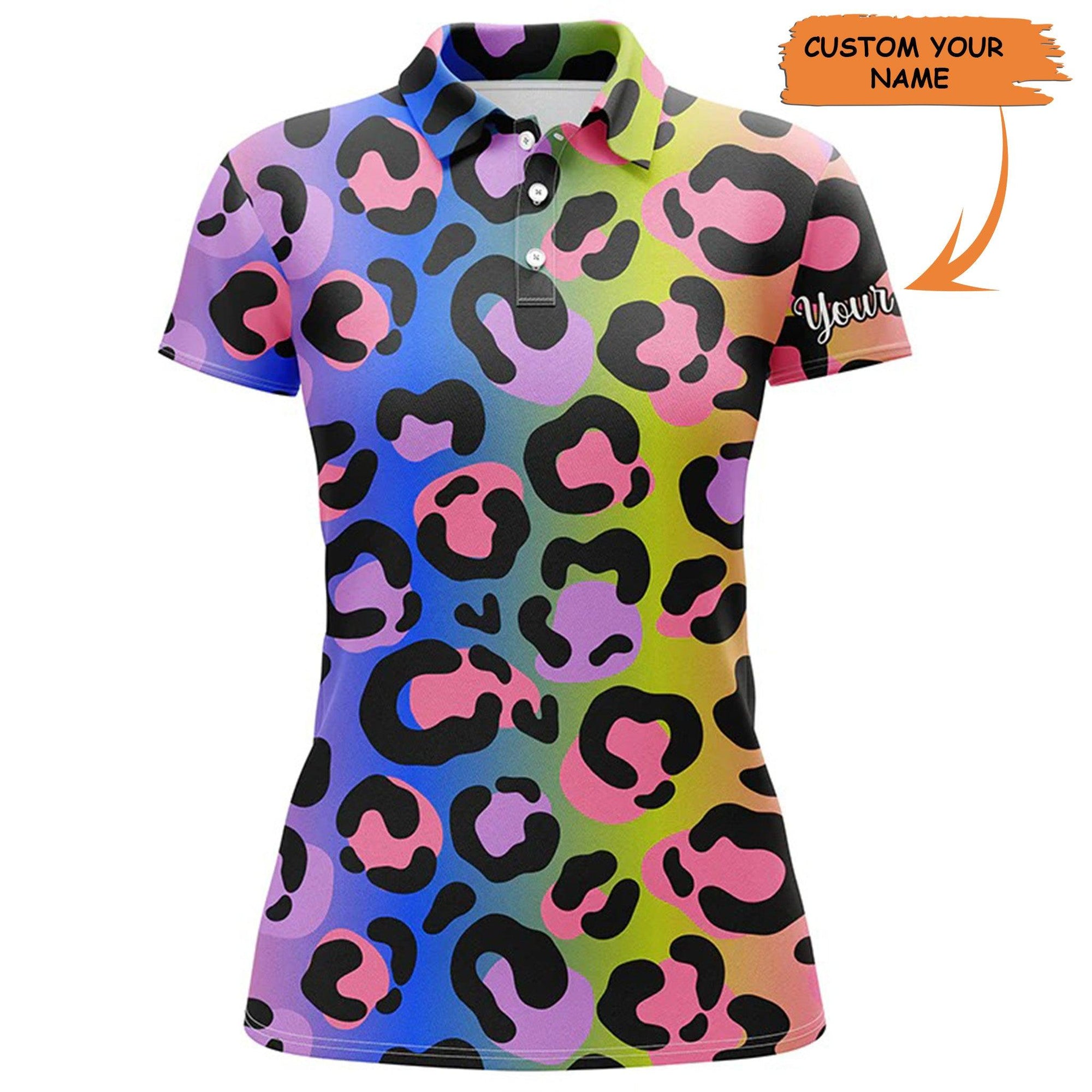 Golf Custom Name Women Polo Shirt, Neon Rainbow Leopard Personalized Women Polo Shirt - Perfect Gift For Ladies, Girls, Golf Lovers, Golfers - Amzanimalsgift