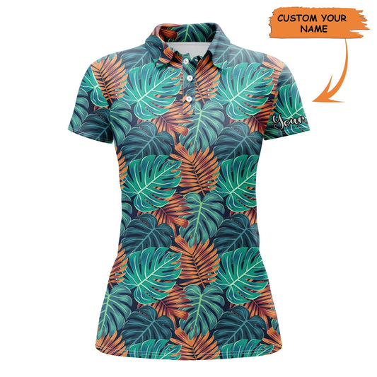 Golf Custom Name Women Polo Shirt, Palm Leaves Nature Tropical Pattern Personalized Women Polo Shirt- Perfect Gift For Ladies, Golf Lovers, Golfers - Amzanimalsgift