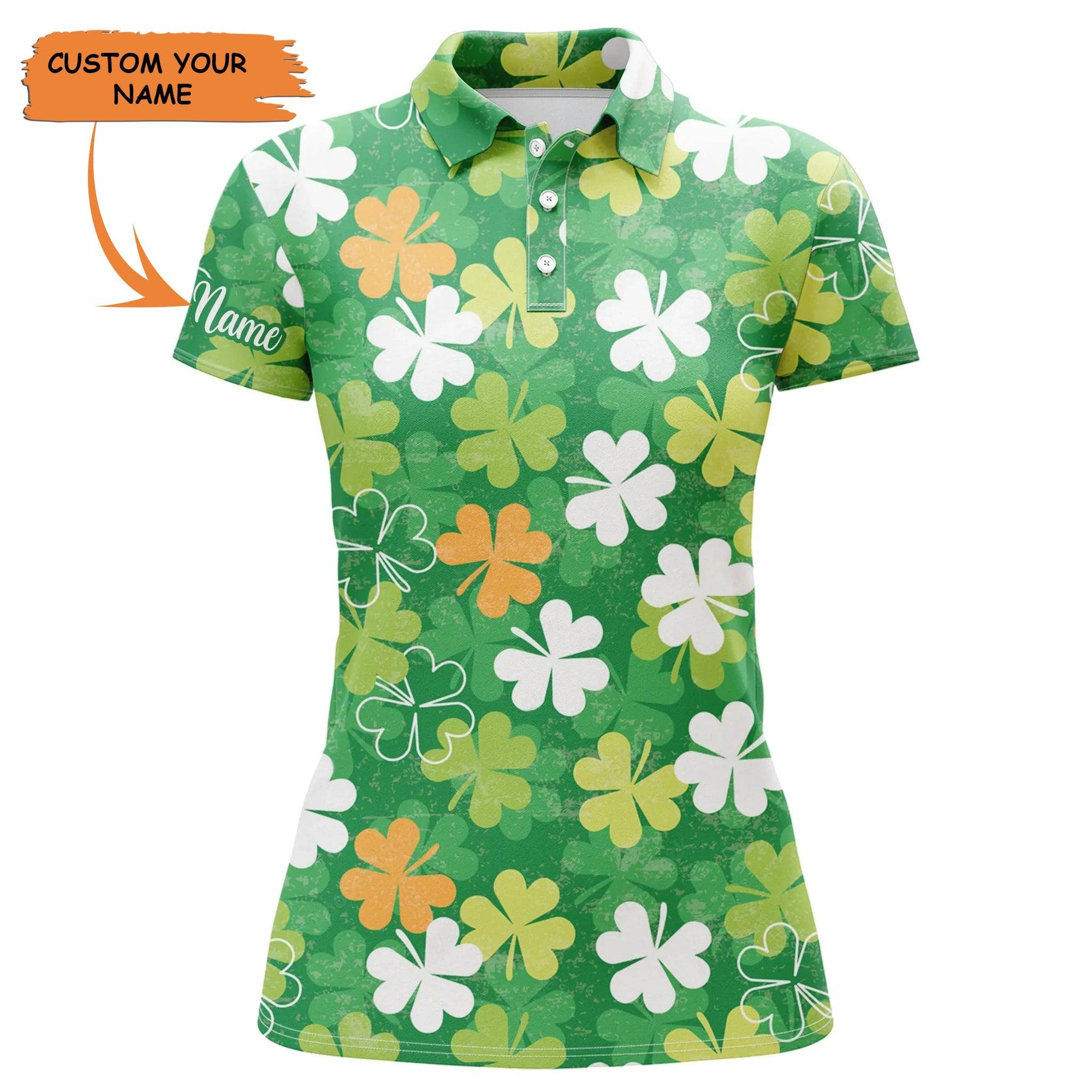 Golf Custom Name Women Polo Shirt, Patrick's Day White Green Clover Pattern Personalized Women Polo Shirt - Perfect Gift For Golf Lovers, Golfers - Amzanimalsgift