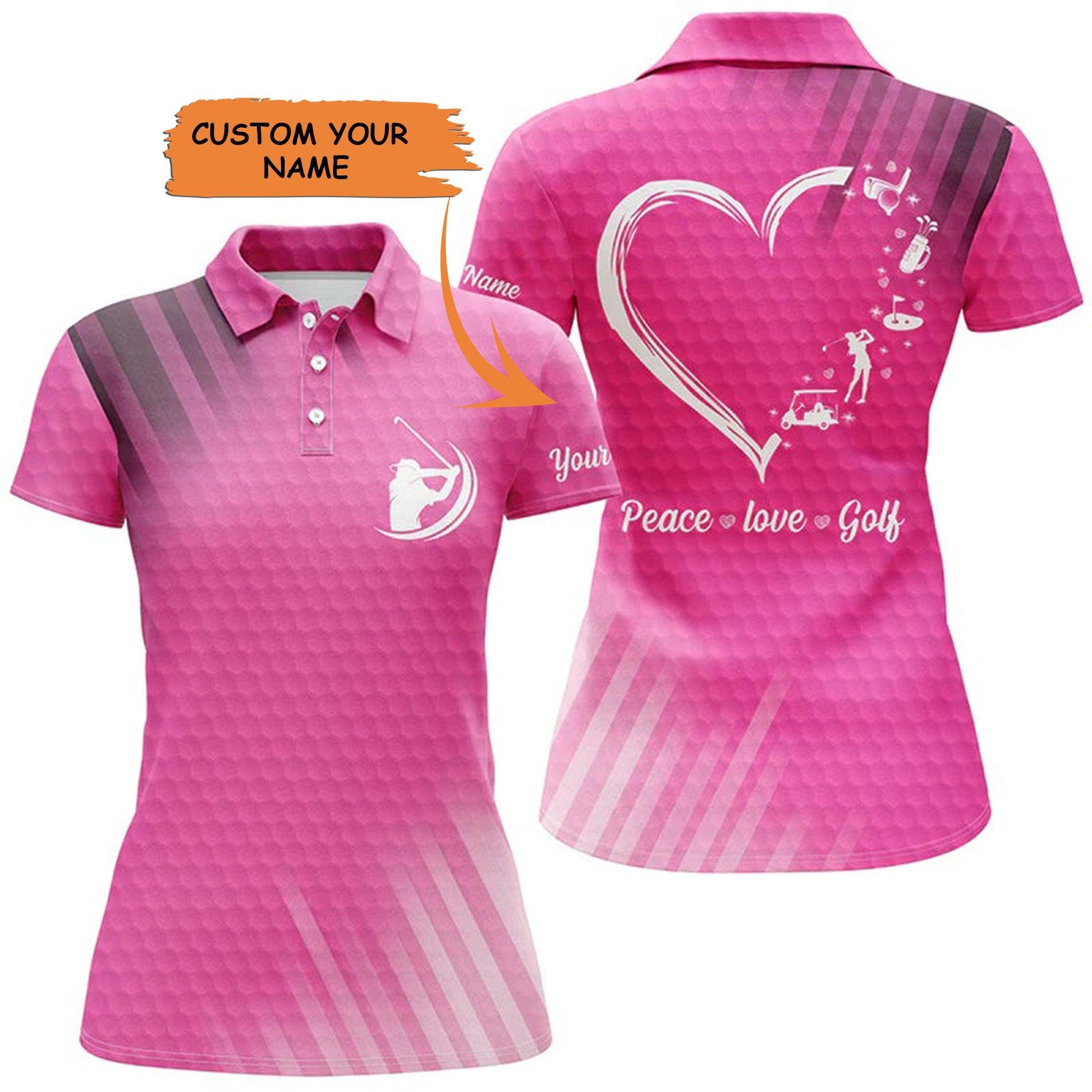 Golf Custom Name Women Polo Shirt, Peace Love Golf Heart Multi-color Personalized Women Polo Shirt - Perfect Gift For Ladies, Golf Lovers, Golfers - Amzanimalsgift