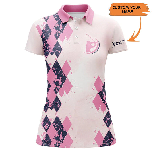 Golf Custom Name Women Polo Shirt, Pink Argyle Pattern Brush Painting Personalized Women Polo Shirt - Perfect Gift For Ladies, Golf Lovers, Golfers - Amzanimalsgift