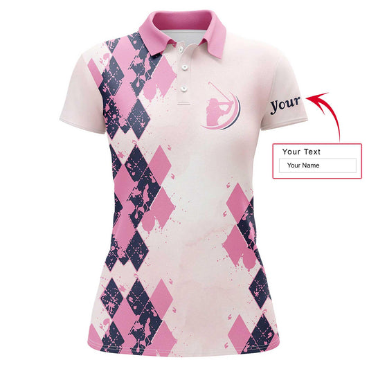 Golf Custom Name Women Polo Shirt, Pink Argyle Pattern Personalized Women Polo Shirts, Unique Golf Gift For Ladies, Golfers, Golf Sport Lovers - Amzanimalsgift