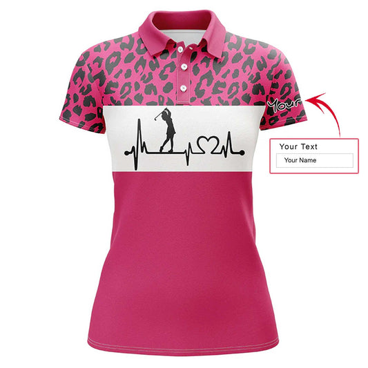 Golf Custom Name Women Polo Shirt, Pink Leopard Pattern Heartbeat Personalized Women Polo Shirts, Golfing Gift For Ladies, Golfers, Golf Lovers - Amzanimalsgift