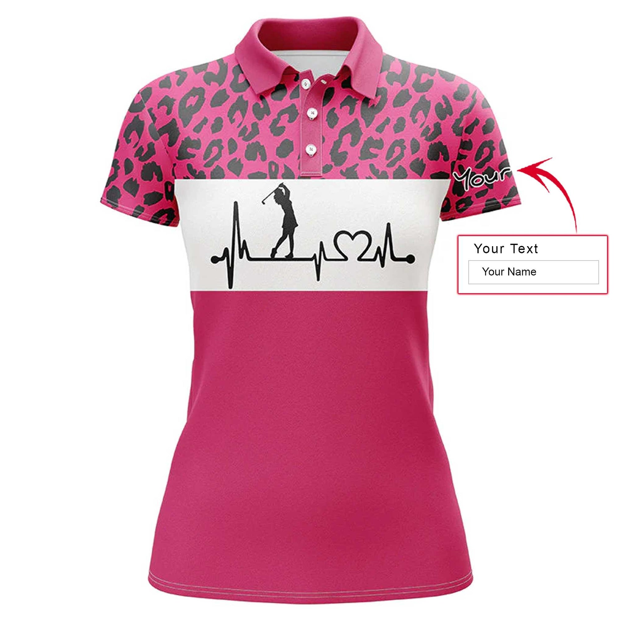 Golf Custom Name Women Polo Shirt, Pink Leopard Pattern Heartbeat Personalized Women Polo Shirts, Golfing Gift For Ladies, Golfers, Golf Lovers - Amzanimalsgift