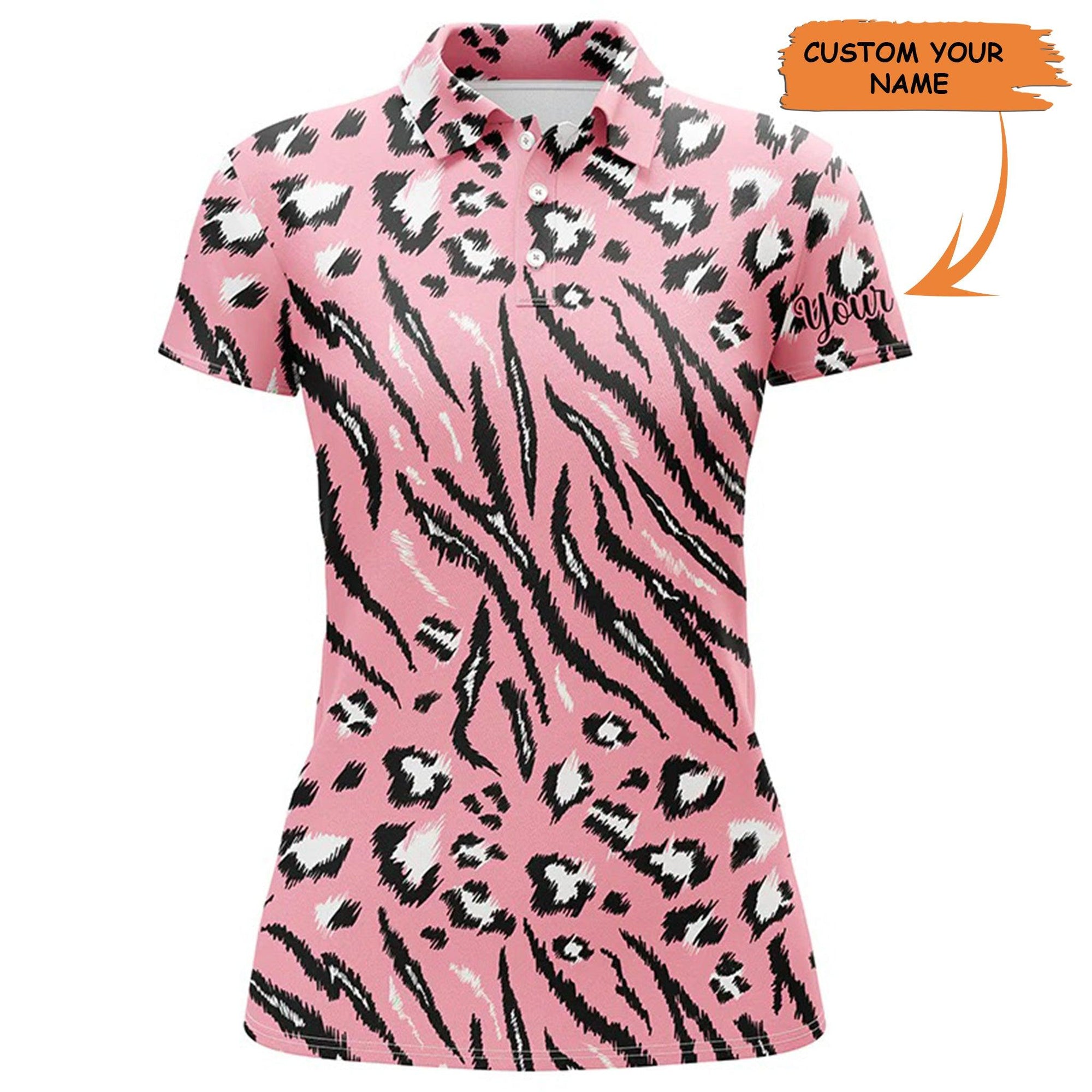 Golf Custom Name Women Polo Shirt, Pink Tiger Leopard Pattern Personalized Women Polo Shirt- Perfect Gift For Ladies, Golf Lovers, Golfers - Amzanimalsgift