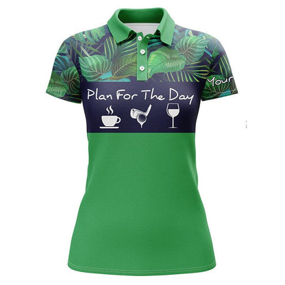 Golf Custom Name Women Polo Shirt, Plan For The Day Coffee Golf Wine, Green Tropical Plants Personalized Women Polo Shirts, Gift For Ladies, Golfers - Amzanimalsgift