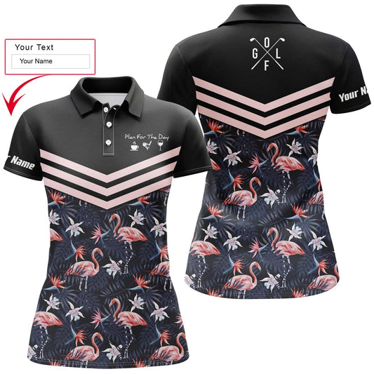 Golf Custom Name Women Polo Shirt, Plan For The Day Coffee Golf Wine, Tropical Leaf Flamingo Pattern Personalized Women Polo Shirts, Gift For Golfers - Amzanimalsgift