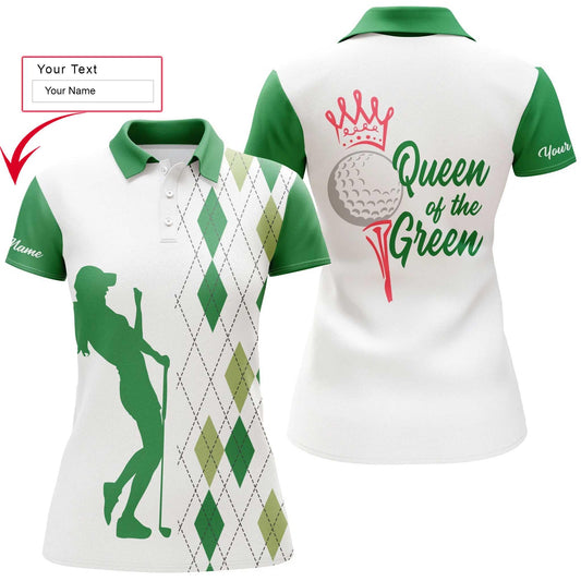 Golf Custom Name Women Polo Shirt, Queen Of The Green, Funny Argyle Plaid White Green Personalized Women Polo Shirts, Gift For Ladies, Golfers - Amzanimalsgift