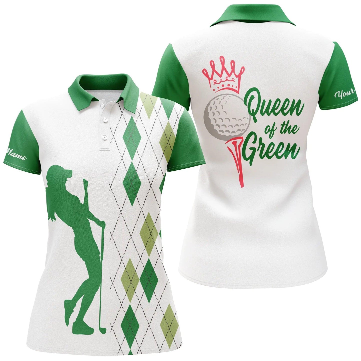 Golf Custom Name Women Polo Shirt, Queen Of The Green, Funny Argyle Plaid White Green Personalized Women Polo Shirts, Gift For Ladies, Golfers - Amzanimalsgift