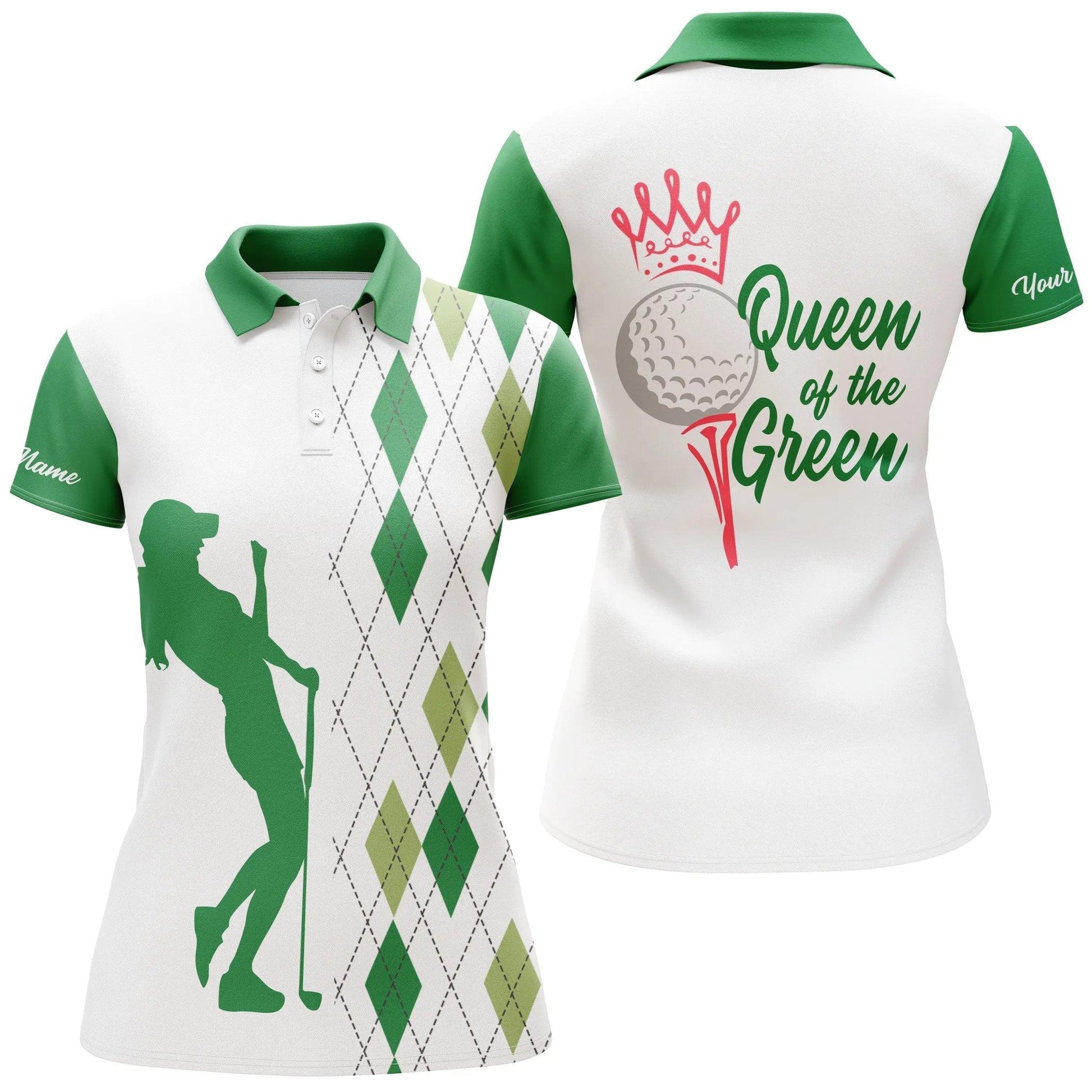 Golf Custom Name Women Polo Shirt, Queen Of The Green, Funny Argyle Plaid White Green Personalized Women Polo Shirts, Gift For Ladies, Golfers - Amzanimalsgift