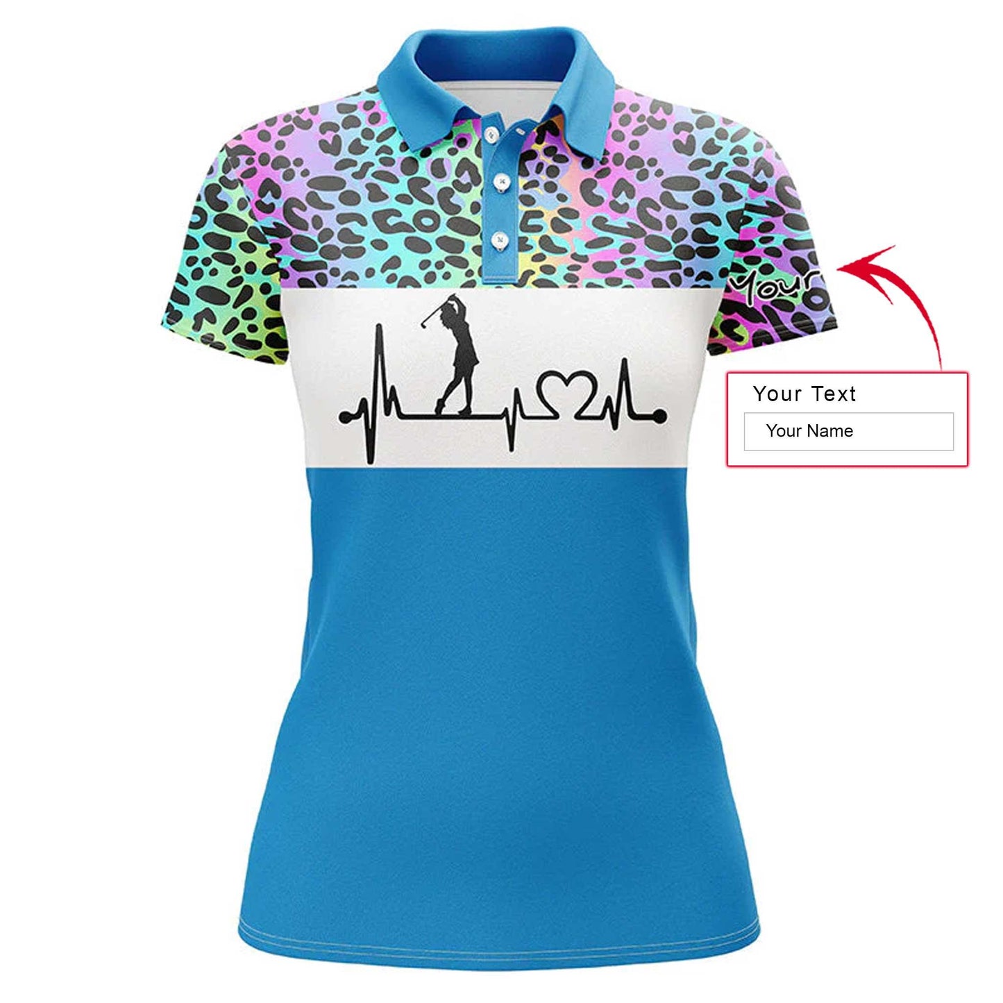 Golf Custom Name Women Polo Shirt, Rainbow Gradient Leopard Heartbeat Personalized Women Polo Shirts, Golfing Gift For Ladies, Golfers, Golf Lovers - Amzanimalsgift