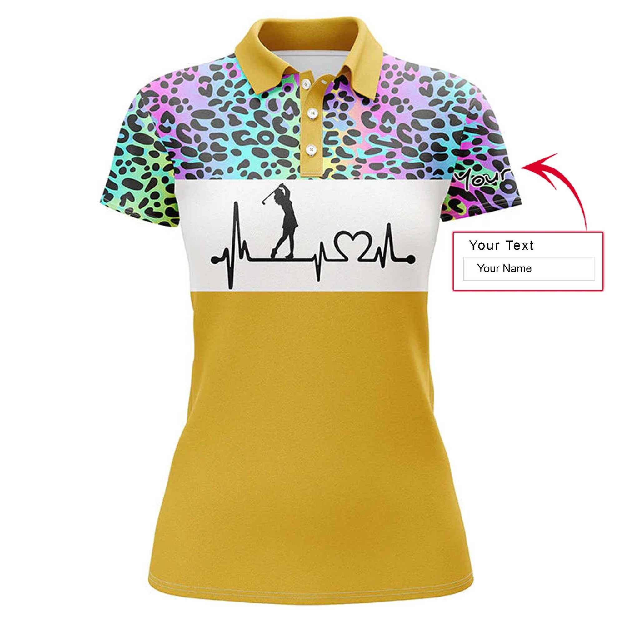 Golf Custom Name Women Polo Shirt, Rainbow Gradient Leopard Heartbeat Personalized Women Polo Shirts, Golfing Gift For Ladies, Golfers, Golf Lovers - Amzanimalsgift