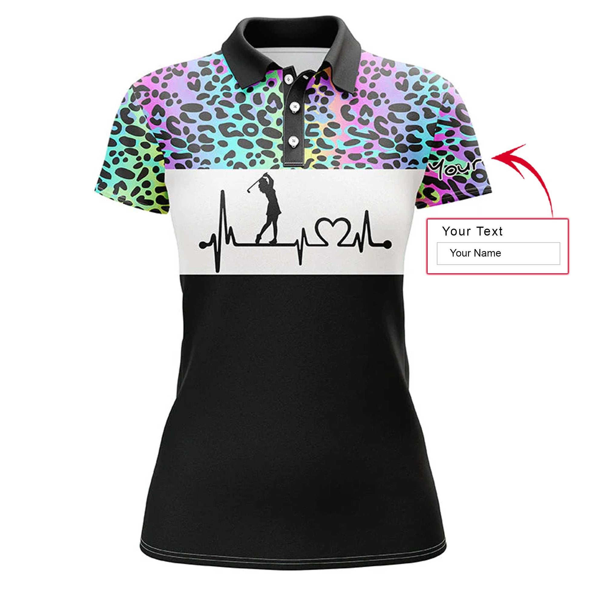 Golf Custom Name Women Polo Shirt, Rainbow Gradient Leopard Heartbeat Personalized Women Polo Shirts, Golfing Gift For Ladies, Golfers, Golf Lovers - Amzanimalsgift