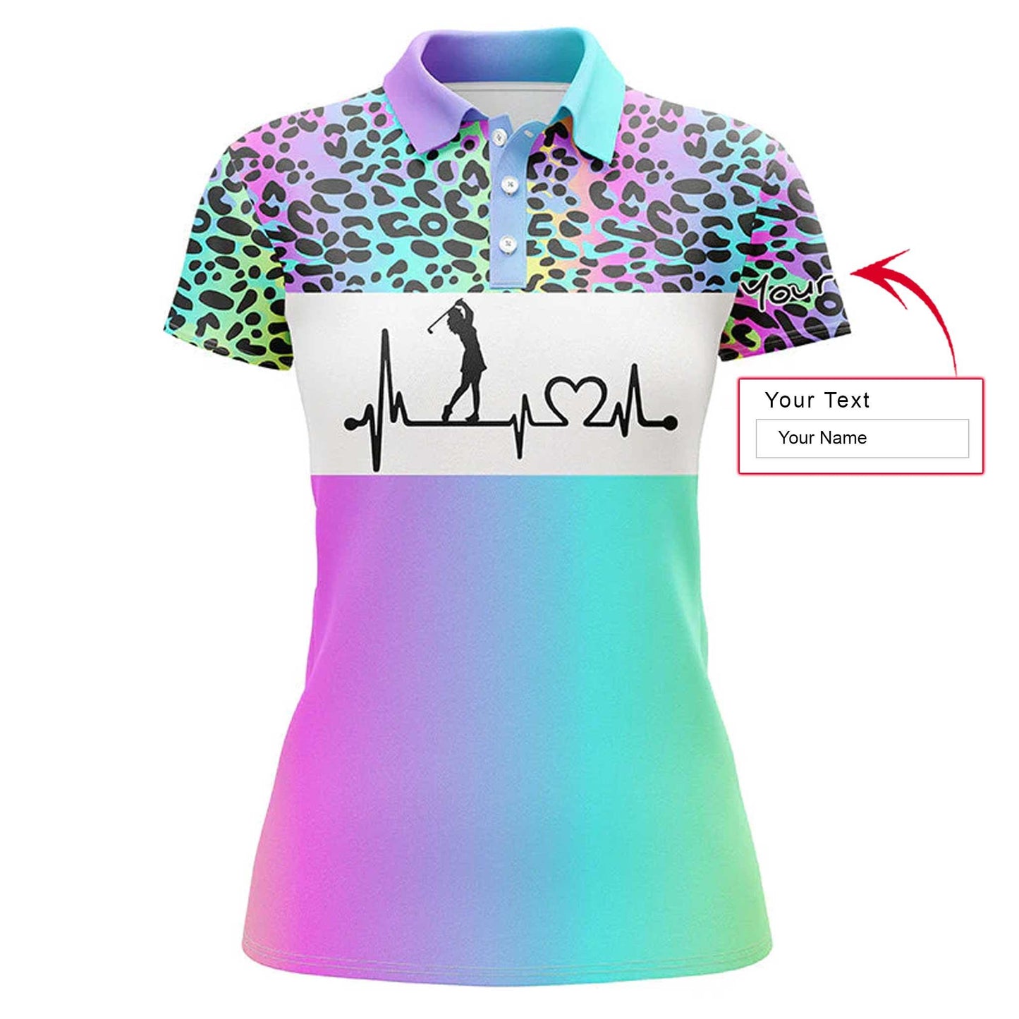 Golf Custom Name Women Polo Shirt, Rainbow Gradient Leopard Heartbeat Personalized Women Polo Shirts, Golfing Gift For Ladies, Golfers, Golf Lovers - Amzanimalsgift