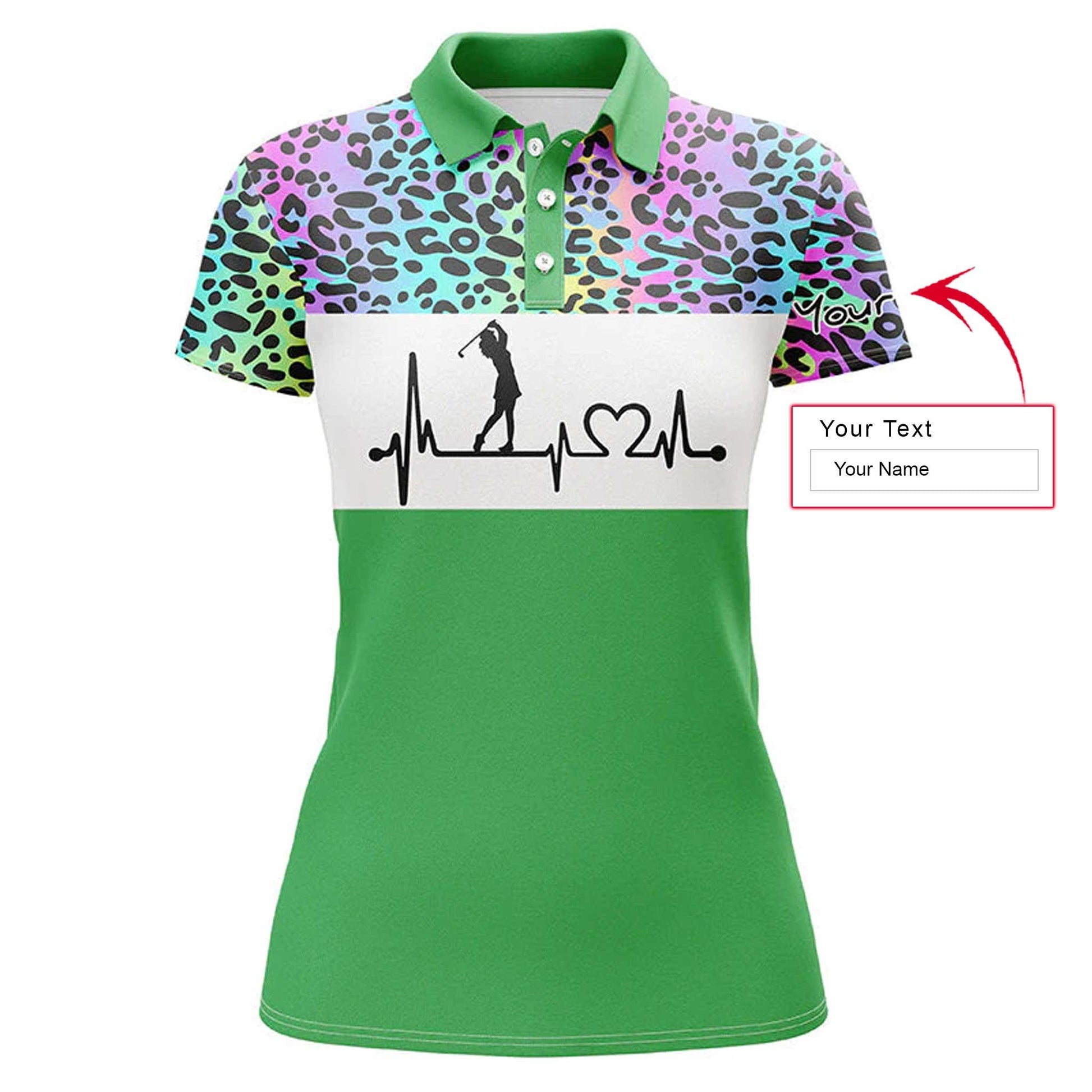 Golf Custom Name Women Polo Shirt, Rainbow Gradient Leopard Heartbeat Personalized Women Polo Shirts, Golfing Gift For Ladies, Golfers, Golf Lovers - Amzanimalsgift