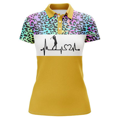 Golf Custom Name Women Polo Shirt, Rainbow Gradient Leopard Heartbeat Personalized Women Polo Shirts, Golfing Gift For Ladies, Golfers, Golf Lovers - Amzanimalsgift