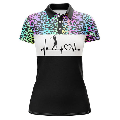 Golf Custom Name Women Polo Shirt, Rainbow Gradient Leopard Heartbeat Personalized Women Polo Shirts, Golfing Gift For Ladies, Golfers, Golf Lovers - Amzanimalsgift