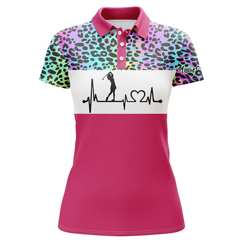 Golf Custom Name Women Polo Shirt, Rainbow Gradient Leopard Heartbeat Personalized Women Polo Shirts, Golfing Gift For Ladies, Golfers, Golf Lovers - Amzanimalsgift