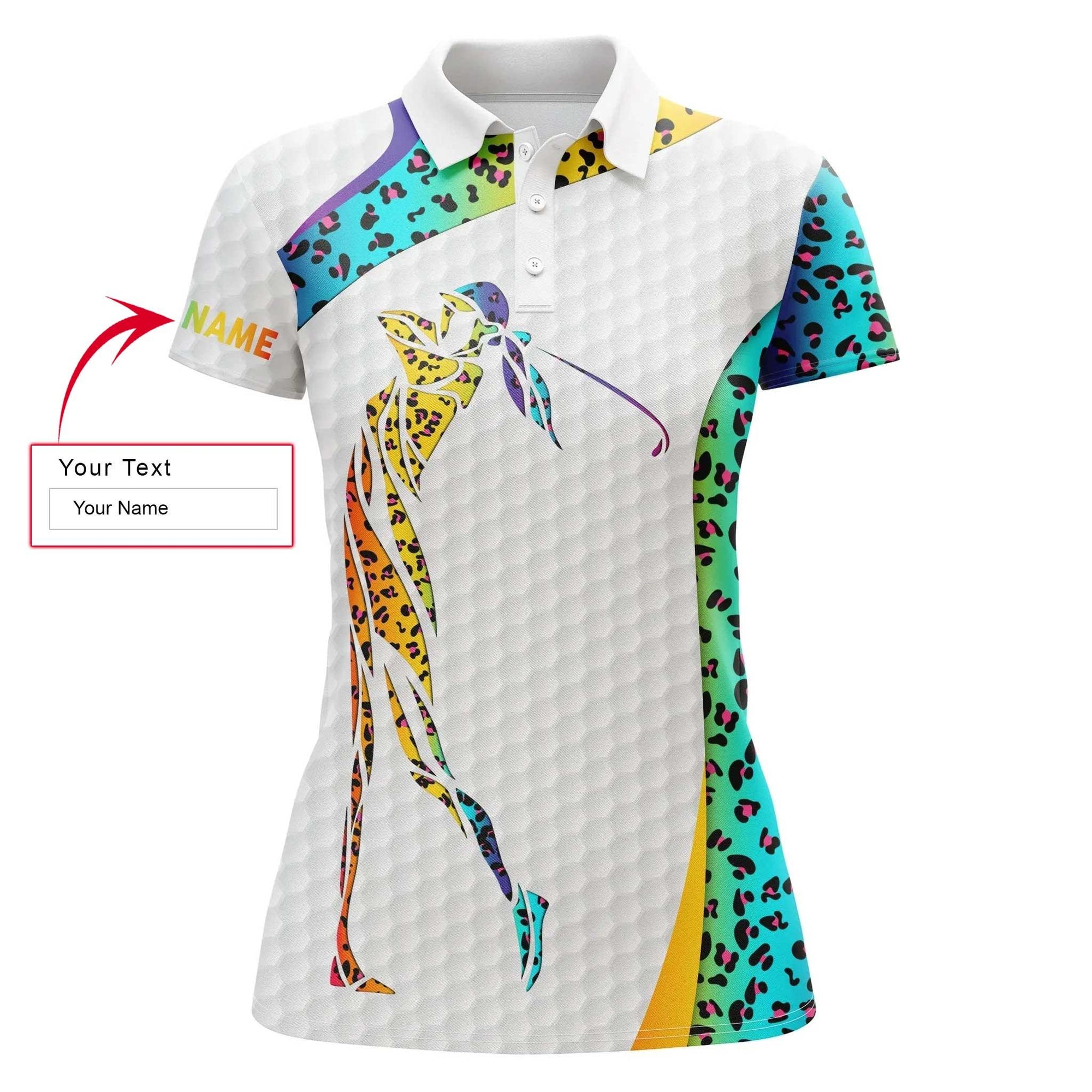 Golf Custom Name Women Polo Shirt, Rainbow Neon Leopard Pattern Golf White Personalized Women Polo Shirts, Funny Gift For Golfers, Ladies, Golf Lovers - Amzanimalsgift